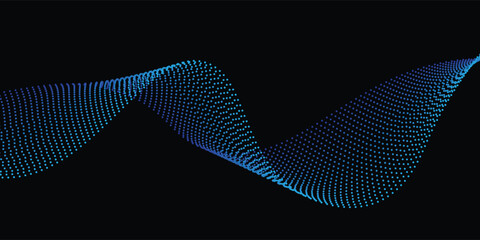 Flowing dots particles wave pattern blue isolated on black background. Vector in concept of technology, science, music, modern.