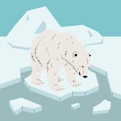 White polar bear stands on an ice floe and looks into the cold water of the Arctic Ocean. Flat illustration for global warming awareness banners, climate change posters, arctic nature graphics © Svetlana