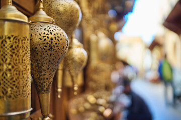 Obraz premium Ornate brass lanterns hanging in traditional market alley