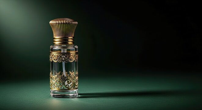 Elegant Arabic Perfume Bottle with Golden Ornament on Dark Green Background