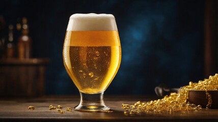glass of beer on a wooden table and blue background