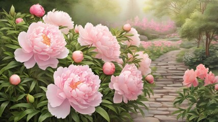 pink peonies and a path in the garden