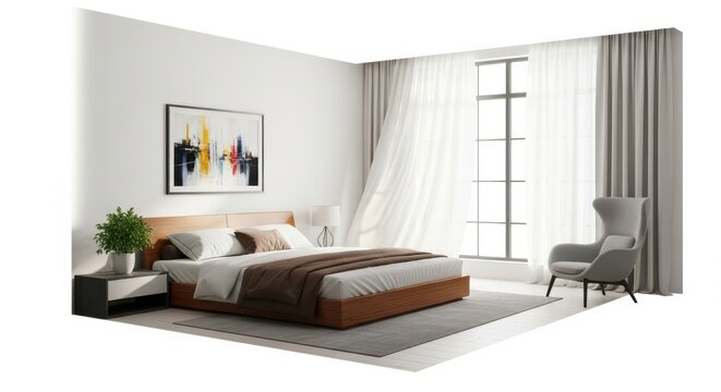 Modern bedroom interior with large window and comfortable bed