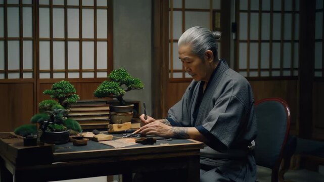 Japanese tattoo master creating traditional irezumi back design in quiet studio filled with brushes ink pots and wooden decor. Tattoo artistry concept