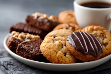 Fototapeta premium Assortment of baked sweet cookies and brownies with coffee