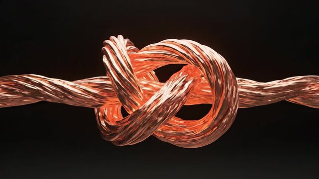 A detailed macro shot of a copper wire intricately tied in a knot against a dark, warm-lit background. Industrial and abstract concept.