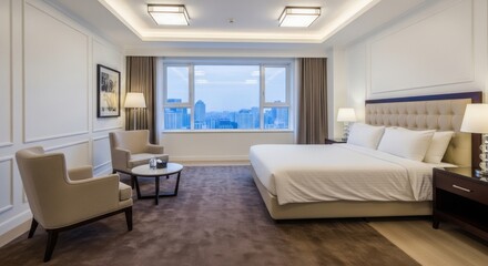 Fototapeta premium Spacious hotel room with city view and modern furniture