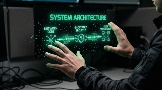 Man interacting with futuristic system architecture display
