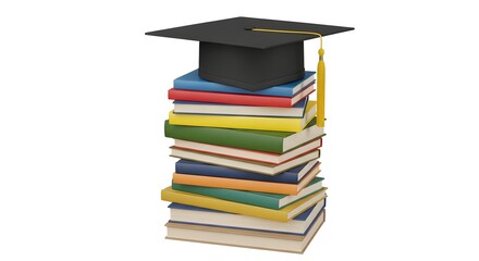 Stacked colorful textbooks topped with a graduation cap and tassel