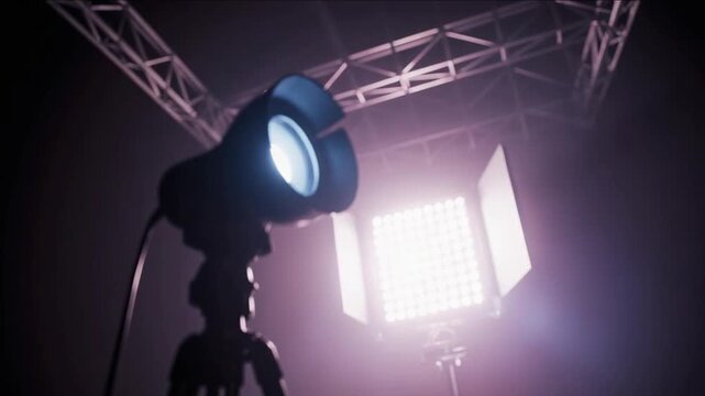 Professional studio lighting setup with LED panel and spotlight on a dark stage