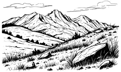 Naklejka premium Mountain range and mountain slope with boulders, black and white sketch. Vector illustration. Dry bushes of grass and the sky with clouds, the steppe landscape is isolated on a white background.