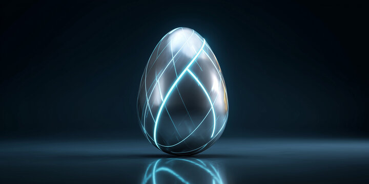 futuristic metallic silver digital egg with glowing cyan lines floats centered in a dark navy gradient background as a tech startup Easter banner concept