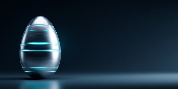 futuristic metallic silver digital egg with glowing cyan lines floats centered in a dark navy gradient background as a tech startup Easter banner concept
