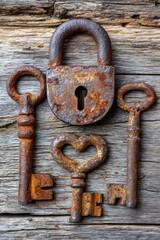 Rusty antique padlock and keys on old wood