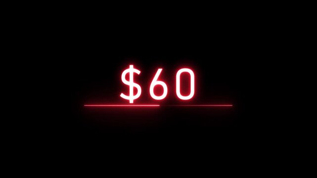 $60 Glowing neon line Letter Icon animation. Neon dollar sign animation background. Glowing neon light $60 text number.