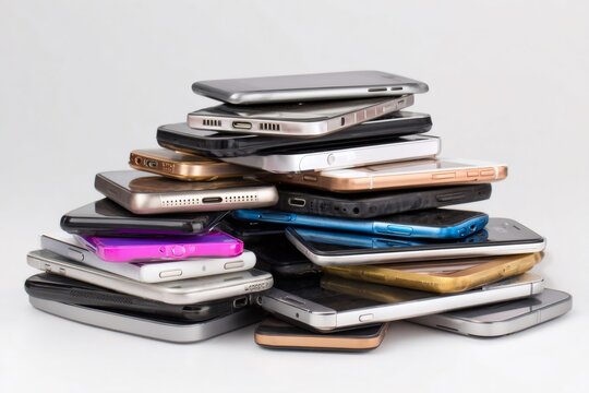 Stack of old smartphones creating e waste pile