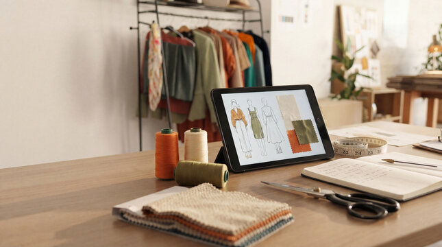 Fashion designer's workspace with fabric swatches, sketches on a tablet, threads, and sewing tools in a bright studio.