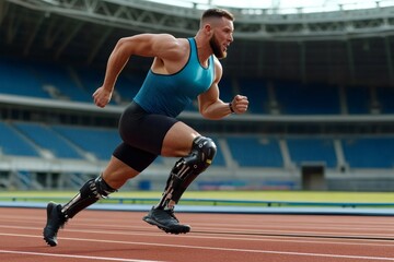 Obraz premium Amputee athlete running on track with prosthetic legs