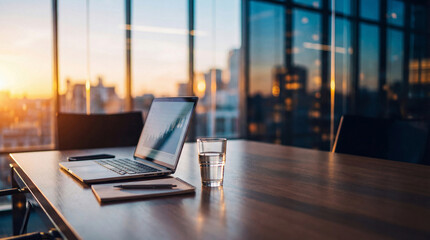 Laptop with financial charts open on a wooden table during sunset in a modern office boardroom. © Jonathan