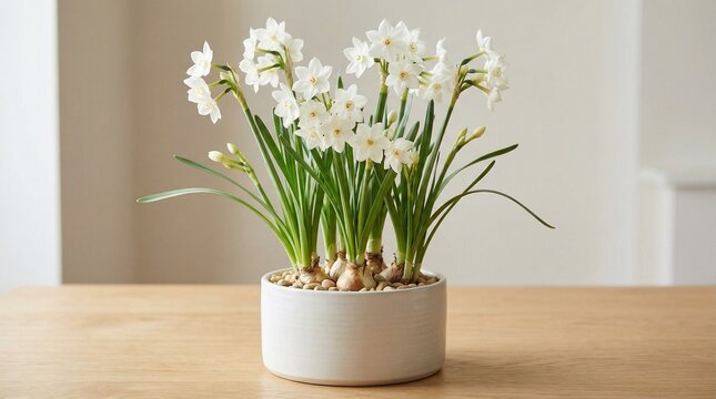 Paperwhite narcissus potted plant with white flowers on wooden table  
