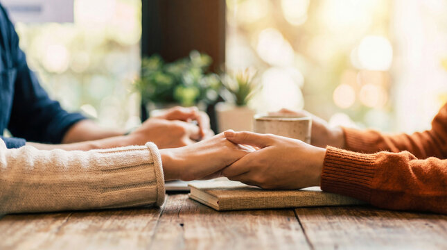 Two people holding hands across a wooden table, symbolizing connection, comfort, and support in a warm environment.