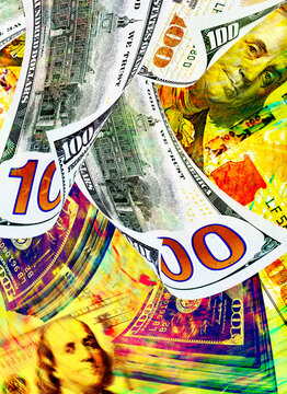 Conceptual money image with American one hundred dollar bills. Surrealistic money collage, the concept of wealth and effective money management
