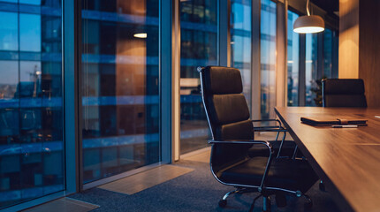 Modern office meeting room with executive chair and large windows overlooking city skyline at dusk. © Christine