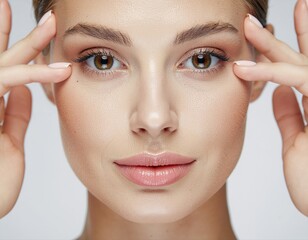 Beauty- und Skincare-Portr&auml;t einer jungen Frau mit perfekter Haut und gepflegten H&auml;nden i-nti-Aging, Hautpflege, Make-up, &Auml;sthetik, Wellness und Sch&ouml;nheitsbehandlungen.