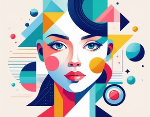 Bunte, moderne Pop-Art-Illustration eines weiblichen Gesichts im geometrischen Stil mit abstrakten Formen und kr&auml;ftigen Farben