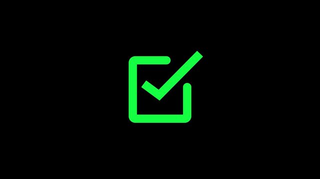 Futuristic glowing outline rectangle with checkmark symbol on dark or black background. Animated check mark inside a rectangle with glowing neon line effect. High quality 4K motion graphics.