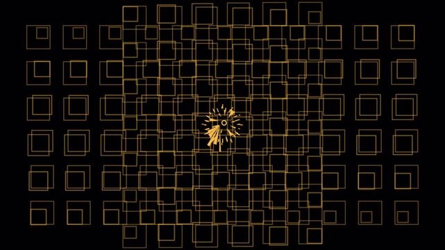 Abstract Digital Animation of Expanding Geometric Shapes and Light Particles on a Dark Background.