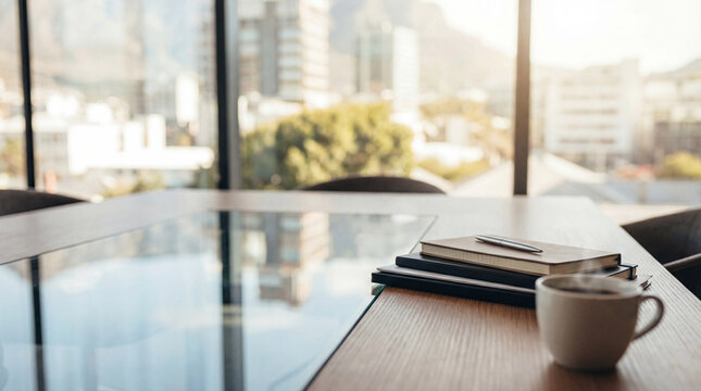 A sophisticated office meeting table with a reflective glass top, featuring a stack of notebooks, a pen, and a ceramic cup of coffee near the edge, with a city view through large windows.