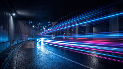 Dramatic light trails captured from cars moving through a dark, wet tunnel at night, creating a futuristic and dynamic motion blur effect. © Jacqueline