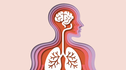 Digital illustration of human head and lungs with brain symbolizing respiratory health and mindfulness in a vibrant color scheme on a light background