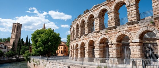 Fototapeta premium Exploring the roman arena in verona, italy with a clear blue sky and clouds above the ancient stone archway