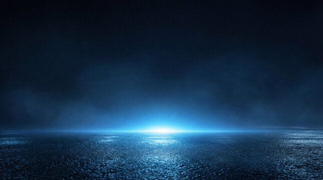 Mysterious dark asphalt surface illuminated by a bright, ethereal blue light emanating from the horizon, with a smoky haze and starry night sky.
