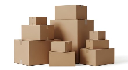 A stack of various sized cardboard boxes on a white background for moving or storage