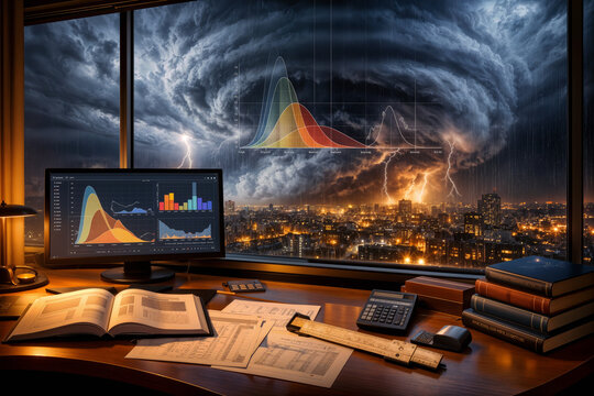Catastrophic risk insurance actuarial workspace with bomb cyclone over city reflected risk model curves extreme weather insurance pricing catastrophe bond pricing climate risk actuary