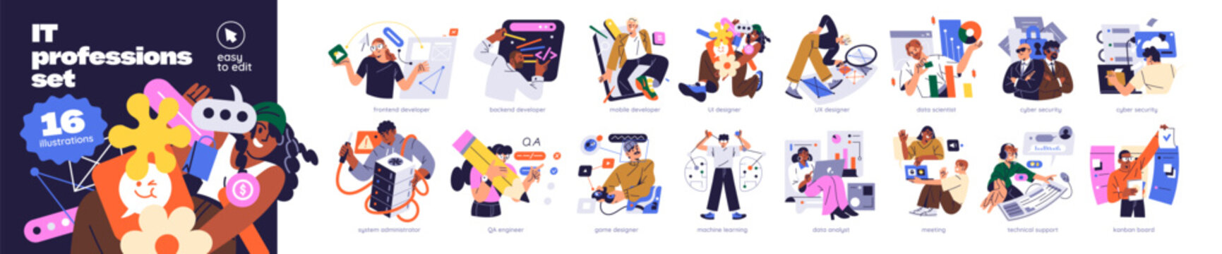 IT professions set. Different workers in information technology industry: programmers, developers, designers, engineers and analysts. Work in development. Flat isolated vector illustrations on white