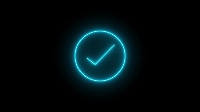 Glowing neon checkmark icon animation showing a tick mark for done, Bright neon light check symbol appearing with smooth glowing effect on black background. High quality 4K animated sign symbol.