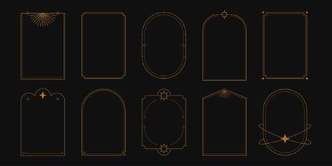 Boho arch frames. Minimal line geometric borders with mystic celestial simple shapes, golden art deco magic nordic esoteric frames for badge logo design. Vector contemporary set © Yelyzaveta