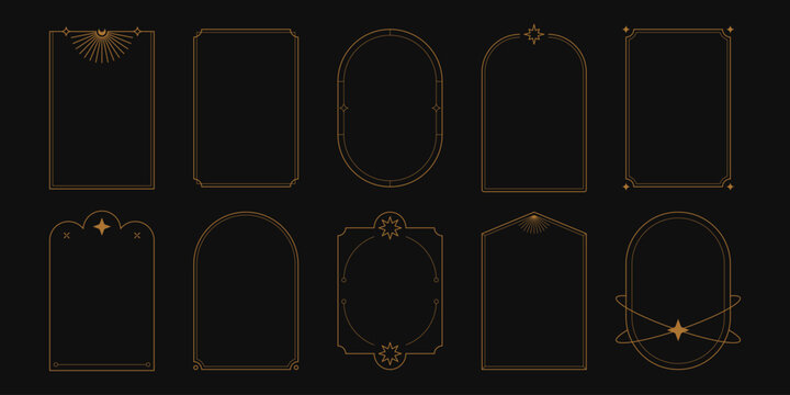 Boho arch frames. Minimal line geometric borders with mystic celestial simple shapes, golden art deco magic nordic esoteric frames for badge logo design. Vector contemporary set