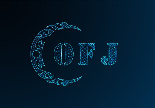 Low poly letter logo OFJ design. OFJ letter logo low poly vector design on blue color gradient background. OFJ logo low poly design