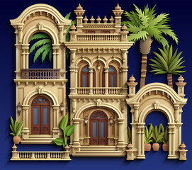 Fototapeta premium Paper cut style vector illustration of colonial tropical buildings with palm trees and balconies. Ornate Mediterranean architecture facade on dark blue background. 3D layered paper art craft.
