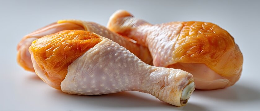 Fresh raw chicken drumsticks placed on a white surface in a bright light setting captured using a canon eos r5 t2 camera
