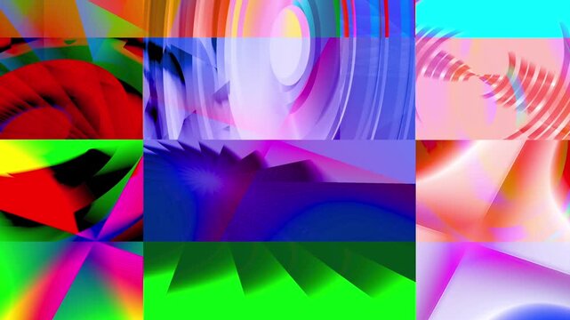 forme astrattatte composte da nove riquadri colorati in stile digitale, con forme geometriche e organiche in movimento, gradienti vivaci e texture dinamiche