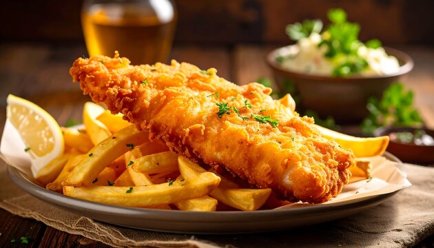 Crisp, golden fish and chips sit on a plate, complemented by a lemon wedge and background slaw & beer