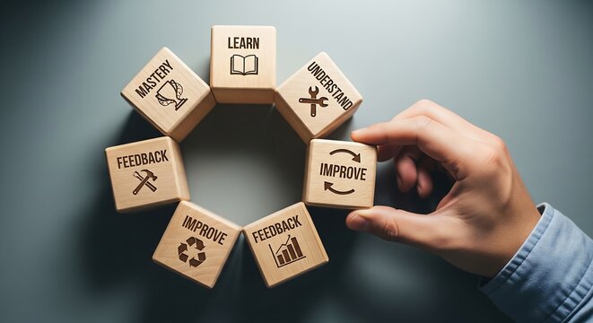 Conceptual illustration of continuous improvement cycle with wooden blocks representing learning, understanding, and feedback.