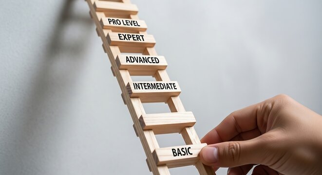 A hand carefully builds a ladder of wooden blocks, each labeled with a different skill level from basic to pro.
