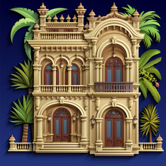 Obraz premium Paper cut style vector illustration of colonial tropical buildings with palm trees and balconies. Ornate Mediterranean architecture facade on dark blue background. 3D layered paper art craft.